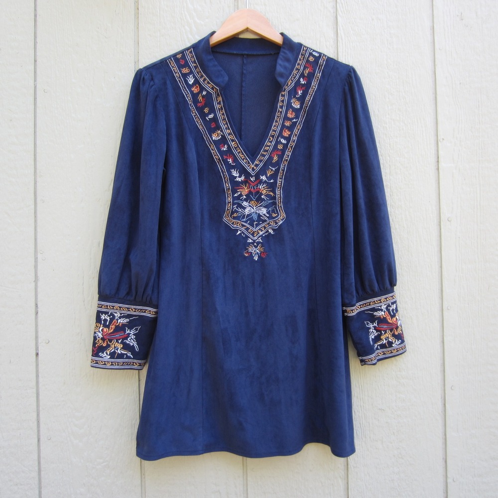 Womens‎ shirt dress L Navy Blue Faux Suede Embroidered Boho Puff Sleeve